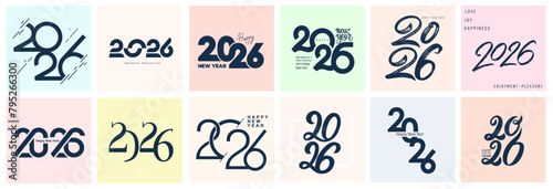 2026 Happy New Year logo text design set. 2026 color number design template. Year design with letter logo concept, poster, calendar, flyer. Christmas 2026 Happy New Year symbols. Vector illustration.