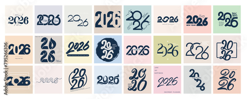Big Set of 2026 number design template. 2026 Happy New Year logo text design. Christmas set of 2026 Happy New Year. Vector with black 24 labels logo for diaries, notebooks, calendars, social media.