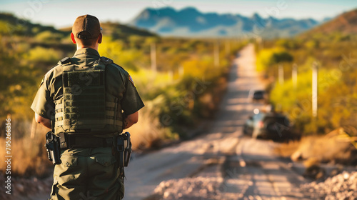 Rear view of a security guard on a dirt road in the desert photo