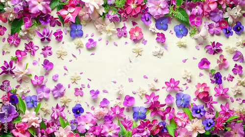 A flowery border with a white background. The flowers are pink and purple. The border is made of petals