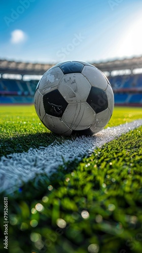Ball on the green field in soccer stadium. Ready for game in the midfield - soccer ball close-up.