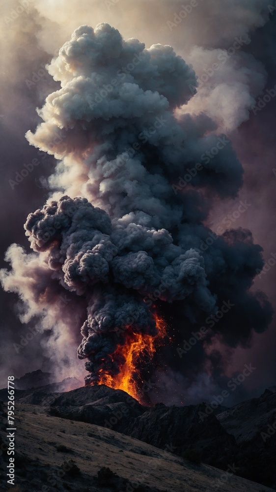 Volcanic eruption taking place, with massive plume of smoke, ash being expelled into sky, creating ominous glow. Fiery lava seen cascading down rugged terrain of mountain.