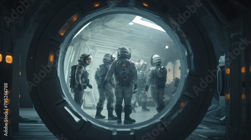 Team of astronauts in a space suits aboard the orbital station. A crew of cosmonauts piloting the spaceship. People in space. Galactic travel and science concept.