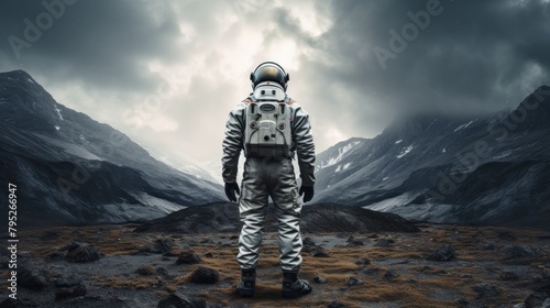 Astronaut exploring an exoplanet. Sci-fi colonist in spacesuit walks on the surface of another planet. People in space. Galactic travel and science concept. © Acronym