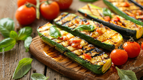 Board with tasty grilled zucchini and fresh tomatoes