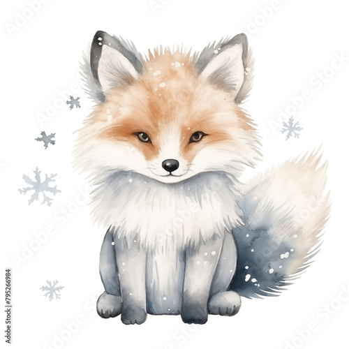 Watercolor fluffy fox among snowflakes isolated on white background.