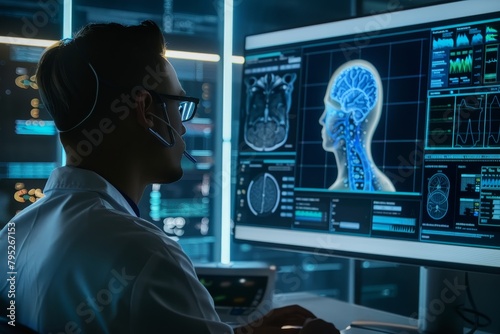 Medical Professional Analyzing Brain Scans on Digital Display