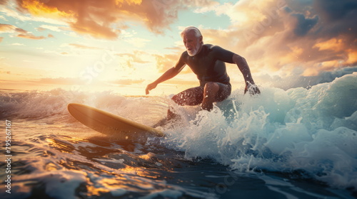 Senior surfer riding wave: Golden sunset, perfect for active lifestyle and retirement themes.