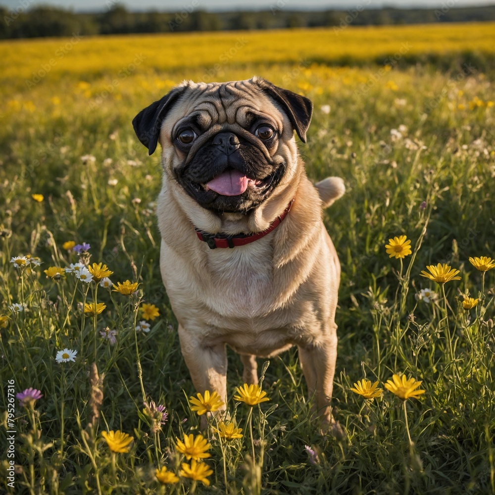 Pug stands in field of yellow, white flowers, basking in sunlight ...