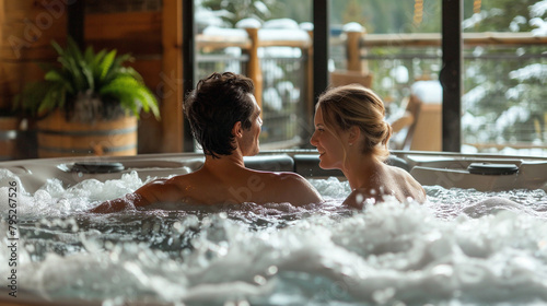 Loving Couple Sits In The Whirlpool Enjoying The Moment, Perfect For Romantic Getaways Or Spa Retreats