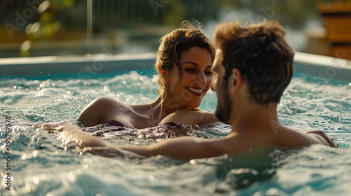 Loving Couple Sits In The Whirlpool Enjoying The Moment, Perfect For Romantic Getaways Or Spa Retreats © Michael