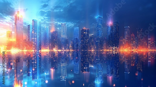 Architectural blue backdrop showcasing futuristic skyscrapers of a smart city, creating a sleek and professional look perfect for corporate and business brochures.