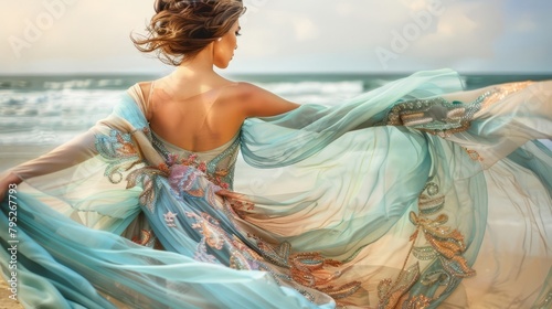 Bridal beauty by the sea: Peach and blue gown, perfect for wedding inspiration or fashion. photo
