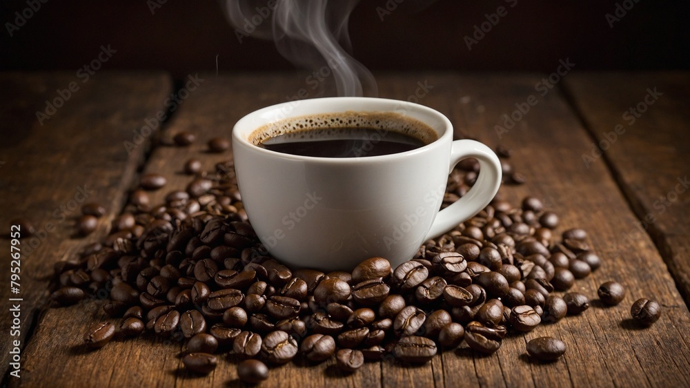 Steaming cup of coffee takes center stage, surrounded by scattering of glossy coffee beans on rustic wooden table. Rooms dark interior casts warm, inviting glow, highlighting steam rising from cup.