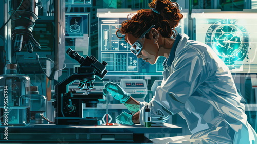 A dynamic laboratory scene capturing a dedicated researcher in the midst of analysis, her attention fixed on the eyepiece of the microscope, symbolizing innovation and discovery in science. 