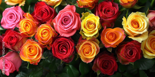  A bouquet of roses in various colors, reds, pinks, yellows and oranges roses background, colorful roses © Planetz