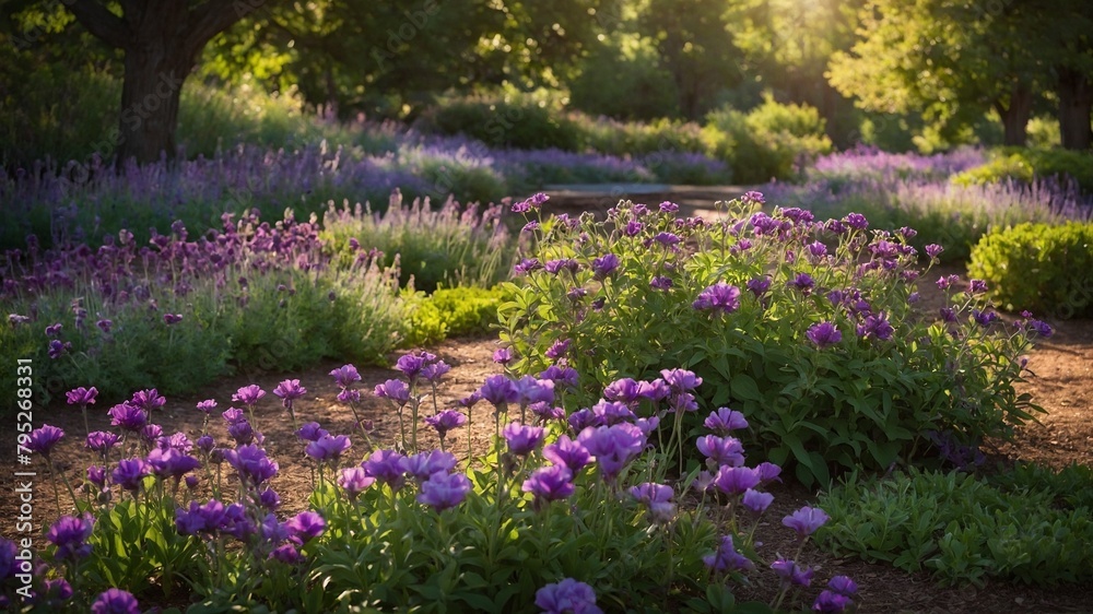 Obraz premium Sunlight filters through trees, casting warm glow on serene garden path. This path surrounded by lush greenery, vibrant purple flowers. Blossoms, in full bloom.