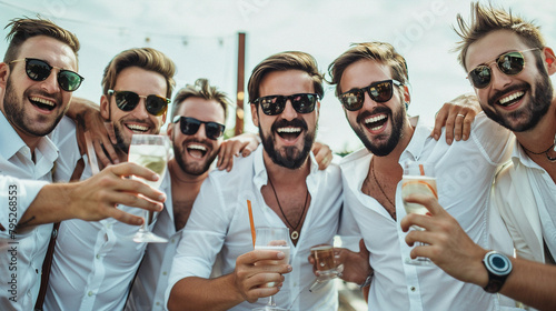 Group Of Men Celebrating A Bachelor Party, Ideal For Advertising Events, Nightlife, And Male Friendship photo