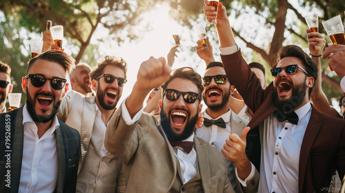 Group Of Men Celebrating A Bachelor Party, Ideal For Advertising Events, Nightlife, And Male Friendship photo