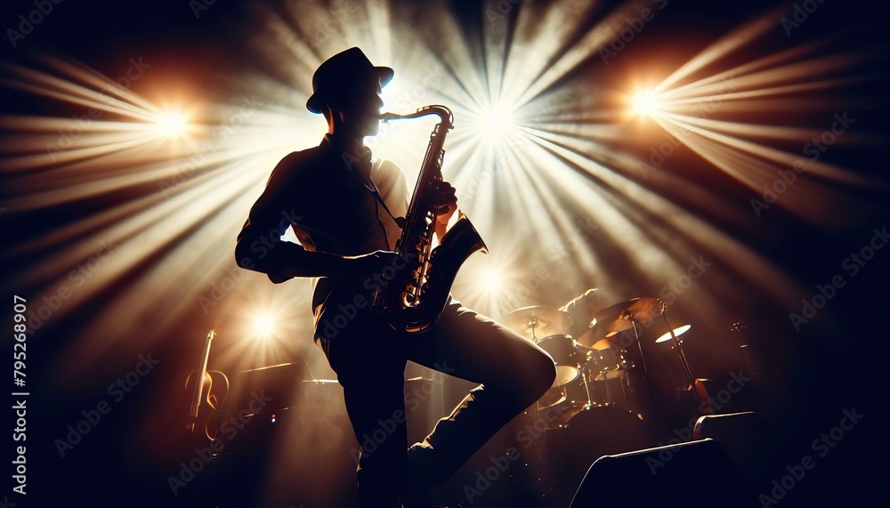 silhouette of musician playing saxophonist on stage with dramatic backlighting rays of light emanate from behind