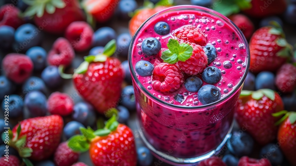 An nutritious drink filled with a variety of colorful berries and flax seeds. An nutritious drink filled with a variety of colorful berries and flax seeds.