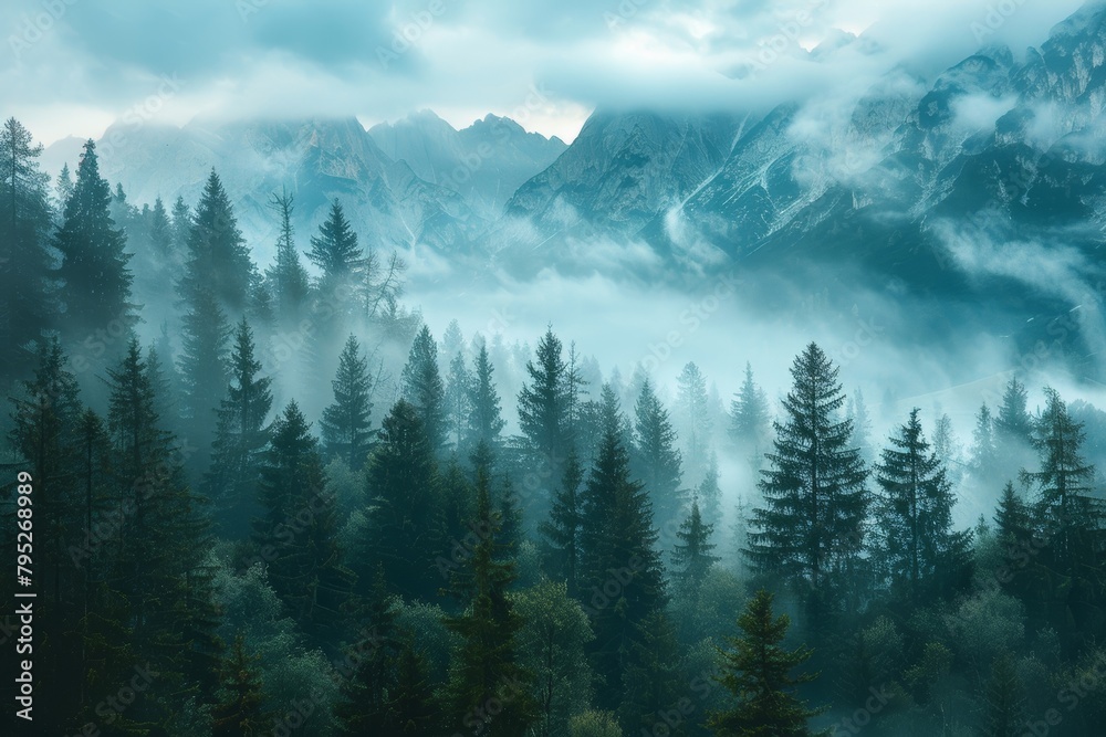 A foggy woodland with tall trees and rugged peaks in the distance