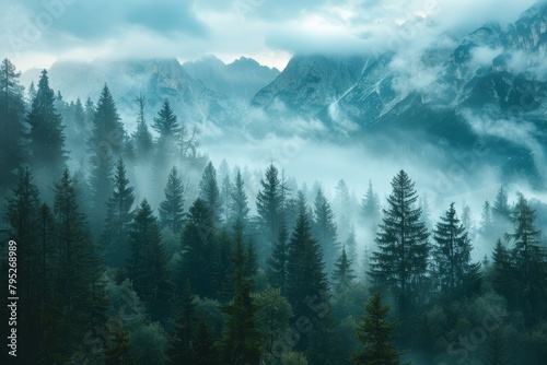 A foggy woodland with tall trees and rugged peaks in the distance
