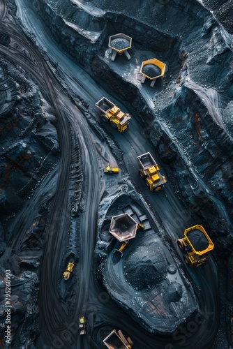 Aerial view of open pit coal mine in extractive industrial setting for efficient coal extraction photo