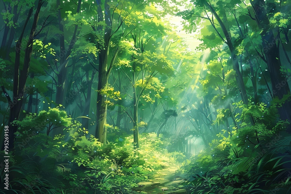 The verdant forest glowed with life as the golden rays of the sun danced upon the leaves.
