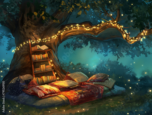 Forest Library under the tree. Place for reading fantasy photo