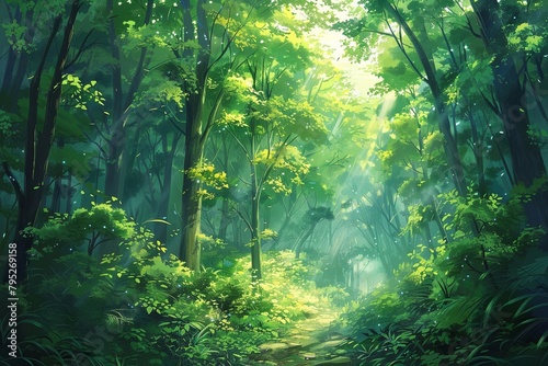 The verdant forest glowed with life as the golden rays of the sun danced upon the leaves. © tonstock