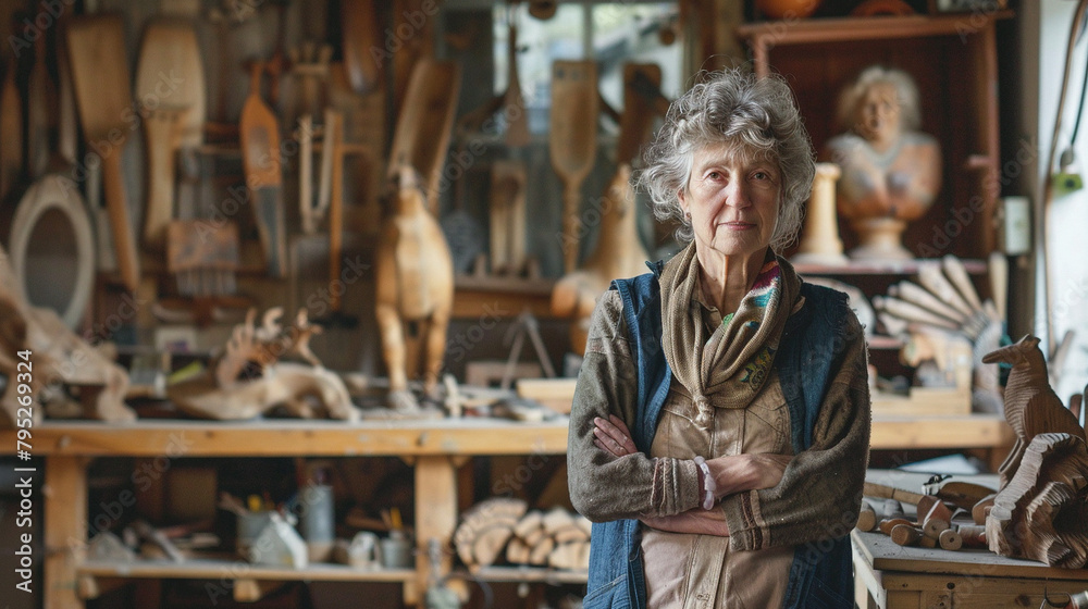 Female Wood Sculptor In The Workshop, Crafting Wooden Art Pieces, Ideal For Creative And Artistic Content