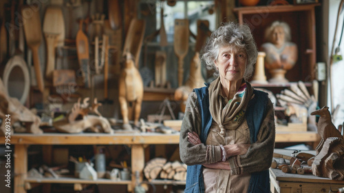 Female Wood Sculptor In The Workshop, Crafting Wooden Art Pieces, Ideal For Creative And Artistic Content photo