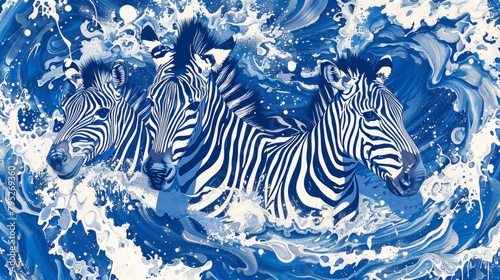 A painting of three zebras in the ocean with blue and white colors. The zebras are swimming in the water  and the waves are crashing around them. The painting has a calm and peaceful mood