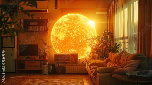 Concept of scorching heat Very big sun in living room photo