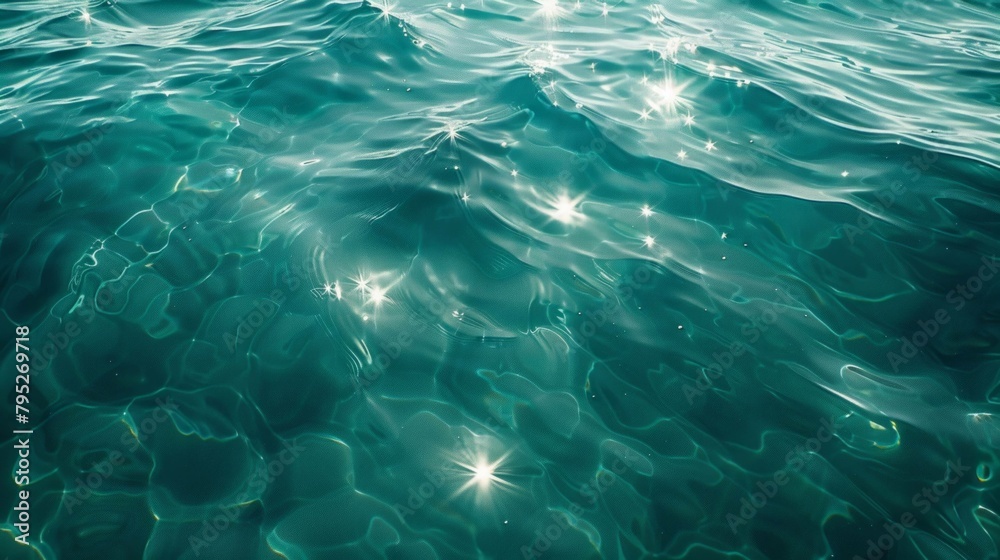 Blue-green surface of the ocean in Catalina Island, California, with gentle ripples on the surface and light refracting Blue-green surface of the ocean in Catalina Island, California, with gentle ripples on the surface and light refracting