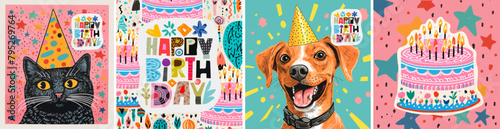 Happy birthday. Vector funny illustrations of cute cat, birthday cake, dog in a cap, lettering for a greeting card or background	
