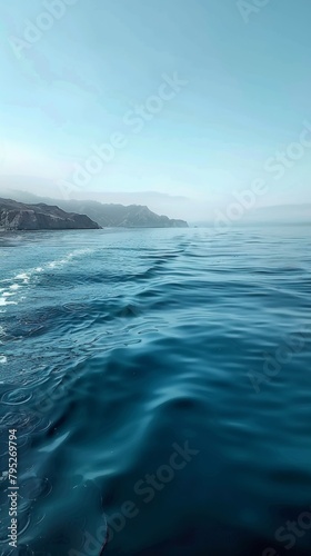 Blue-green surface of the ocean in Catalina Island, California, with gentle ripples on the surface and light refracting © vadymstock
