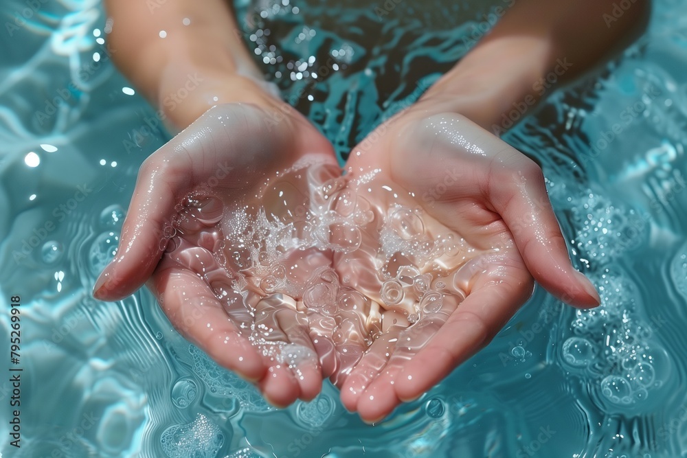Fototapeta premium Cupped Hands Catching Sparkling Water Bubbles