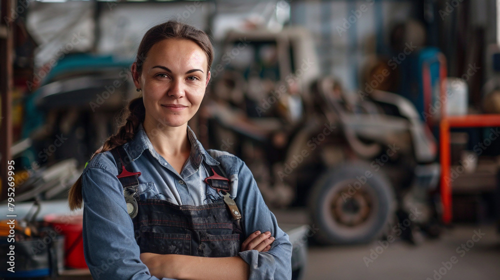 Female Car Mechanic In The Workshop Portrait - Ideal For Automotive Industry, Skilled Labor, And Women Empowerment Themes