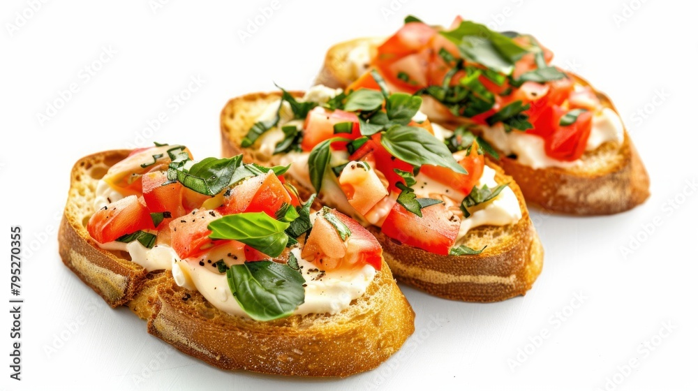 Open faced sandwich crostini isolated on white background closeup. Vegetarian canape with cheese. Top view. Flat lay. Appetizer tartarine.