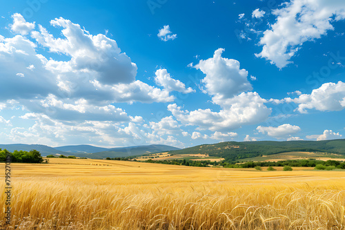Beautiful summer rural natural landscape with ripe wheat fields, blue sky with clouds in warm day. Panoramic view of spacious hilly area