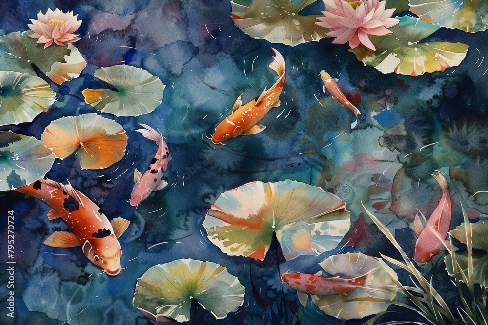 Φωτογραφία tranquil pond with lily pads and colorful koi fish swimming gracefully, all in soft watercolor hues