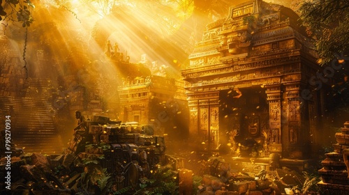 A 3D render of a lost jungle temple reveals golden ruins overgrown with vegetation, illuminated by sunbeams filtering through the dense canopy. photo