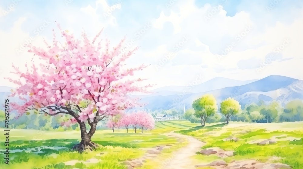 A watercolor painting of a cherry blossom tree in a field with a mountain range in the background. A watercolor painting of a cherry blossom tree in a field with a mountain range in the background.