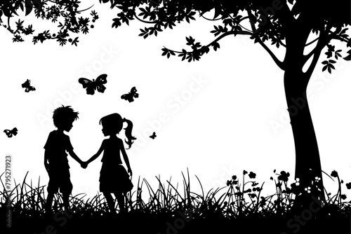 love in a park silhouette of two kids holding hands, butterflies flying around 