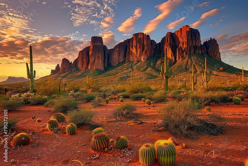 The Superstition Mountains in Arizona at sunset with cacti and red dirt. Generative Ai Image. photo