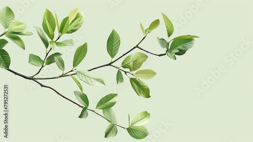 A watercolor painting of a branch with green leaves on a light green background.   © Awais