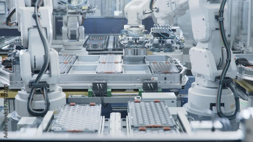 Automated Production Line with White Robotic Arms at Bright Factory. Robot Arms Assemble Lithium-Ion EV Battery Pack for Automotive Industry. Electric Car Smart Manufacturing Line
