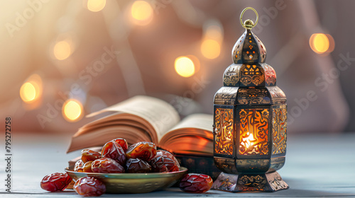 Bowl with dates Koran and Muslim lantern for Ramadan 